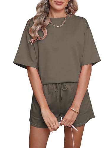 Image of Famulily Lounge Wear Set for Women UK 2 Piece Summer Outfits Plain Short Sleeve Loose Track Suit with Drawstring Coffee L