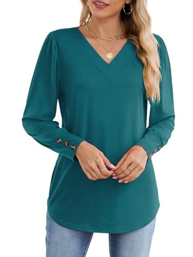 Image of Famulily Ladies Long Sleeve Tunic Shirts Soft Lightweight V Neck Draped Blouse Curved Hem to Hide Belly Tops Turquoise M