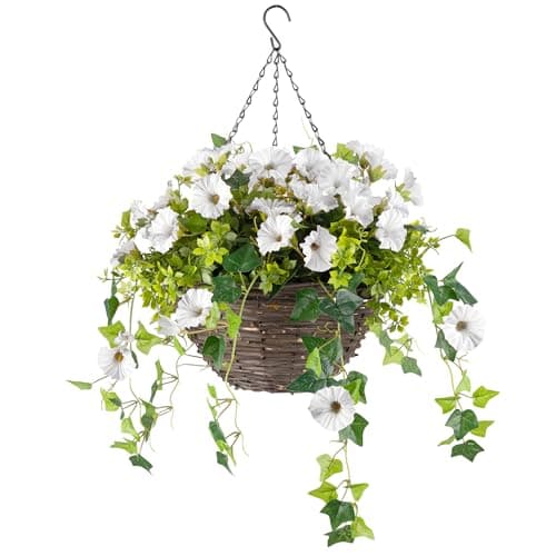 Image of CHRISTOW Artificial Petunia Hanging Basket – Ready to Hang Wicker Garden Planter with White Flowers, Gypsophila & Ivy, UV-Resistant PE Leaves, Pre-Fitted Triple Steel Chain, 30cm Basket Diameter