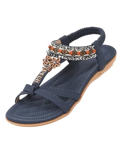 Image of ZOEREA Womens Flat Sandals Summer Rhinestones Flower Flip Flops Ladies Elastic T-Strap Bohemian Shoes Fit Vacation D-Navy Blue,6 UK