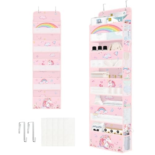 Image of Clastyle Pink Unicorn Over the Door Organizer with 5 Pockets Rainbow Nursery Hanging Storage Organizer for Kids Clothes Diaper Toy Cloud Closet Door Hanging Shelf Storage for Bedroom Bathroom Pantry