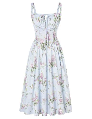 Image of SCARLET DARKNESS Ladies Victorian Summer Dresses Tie Front Floral Midi A-Line Flowy Spring Dress for Beach Party Purple Bouquet XL