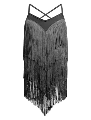 Image of EFOGEP Kid Girls Fringe Tassel Dress Sleeveless Spaghetti Strap Vintage Layered Fringe Dresses 20s Party Ballroom Cha Cha Jazz Outfits Lyrical Dance Dress for Girls Black