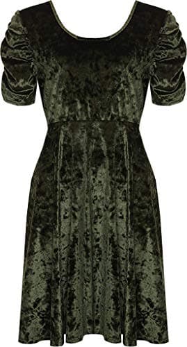 Image of Ladies Plus Size Crushed Velour Velvet Swing Dress Ruched Short Sleeve Cross Back Size 14-28 (UK - 16, Khaki Green)