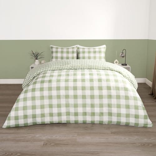 Image of OHS Green Gingham Check Bedding Set, Single Duvet Covers Check Bedding with Pillowcases Super Soft Microfibre Tartan Plaid Luxury Decorative, Sage & White