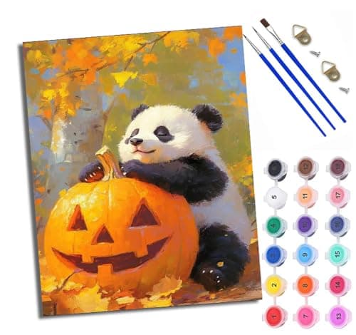 Image of WXRWANG Paint by Numbers for Adults Panda Pumpkin Buddy Painting by Numbers for Adults DIY Canvas Kits Paint by Number Crafts Kits for Relax and De-Stress Gift Home Decoration 16x20 inch