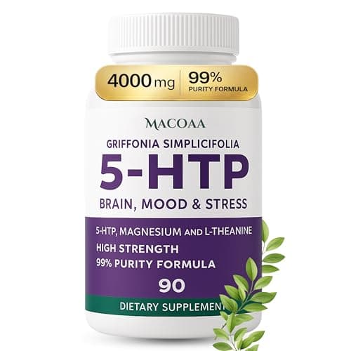 Image of 5-HTP Supplement, 4000mg High Strength, 99% Purity 5HTP Griffonia Seed Extract Complex with Magnesium Bisglycinate and L-Theanine, Sleep and Mood Support, 90 Capsules | 3 Month Supply