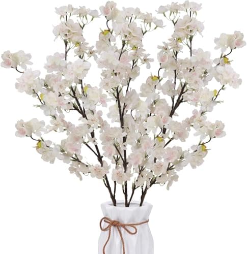 Image of Zythrem 3Pcs Artificial Cherry Blossom Branches 110CM White Cherry Blossom Artificial Flowers Silk Spring Peach Blossom Long Stems Fake Sakura Flowers Arrangements for Wedding Party Vase Home Decor