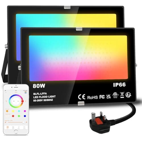 Image of Lighting master LED Floodlight 80W Equivalent 8000LM, Smart RGB Flood Lights Outdoor with APP Control, Colour Changing + Warm White, Timing - Scene - Garden Lighting, IP66 Waterproof, UK Plug（2 Packs