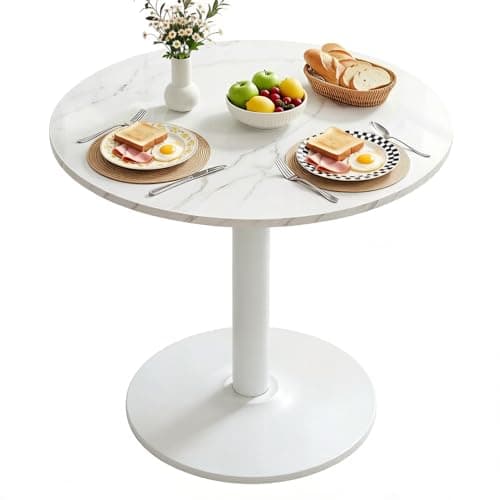 Image of Warmiehomy Round Dining Room Table, 80cm Modern Small Dining Table for Home Apartment Kitchen Living Room, White Marble-Patterned Wooden Desktop and Metal Base