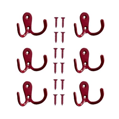Image of Yesmin 6 Pcs Double Prong Robe Hooks, Dual Coat Hooks Wall Mounted Hanging Clothes for Bathroom Bedroom Door Wall Retro Metal Cloth Hanger Double Coat Hooks with 8 Screws-Red