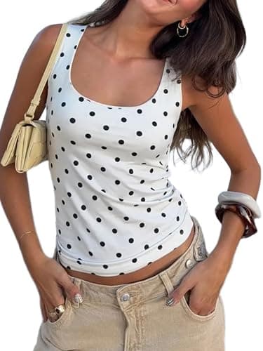 Image of Yoisdtxc Women Polka Dots Tank Top Sleeveless Open Back U Neck Slim Fitted Cropped Basic Tee (A-White, M)