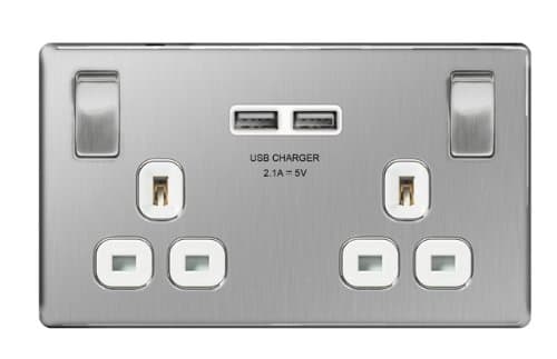 Image of Masterplug 13 A 2 Gang Screwless Flat Plate Brushed Steel Switched Socket with 2 x USB - White Insert