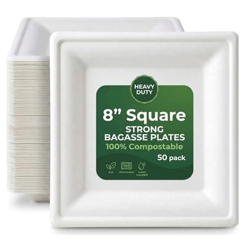 Image of Ask Packaging Strong Paper Plates (8 Inch - 50 Pack) 100% Compostable Square Disposable Bagasse Plates - Heavy Duty Eco-Friendly Biodegradable Sugarcane Plate for Parties – Microwave & Freezer Safe