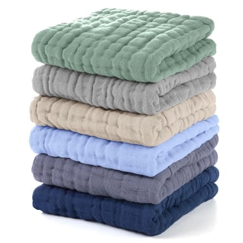 Image of Unnivoll Muslin Cloths for Baby 100% Cotton Muslin Squares Baby Wash Cloth Baby Essentials for Newborn Boys Girls Large 30x30CM Extra Soft and Absorbent 6 Pack - Multicolor