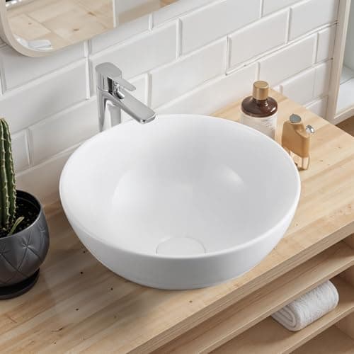 Image of Warmiehomy Countertop Bathroom Vessel Ceramic Sink,Round Bowl Ceramic Basin with Waste Drainer for Bathroom Cloakroom Vanity Lavatory (White,32x32x13cm)