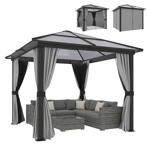 Image of Outsunny 3 x 3(m) Hardtop Gazebo with UV Resistant Polycarbonate Roof & Aluminium Frame, Garden Pavilion with Mosquito Netting and Curtains Black