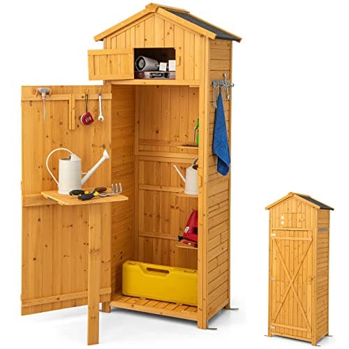 Image of GiantexUK Garden Shed, Fir Wood Tool Storage Cabinet with Slope Roof, Lockable Door, Detachable Shelves, Roof Hatch, Folding Table & Hanging Hooks, Outdoor Vertical Storage Sheds, 75x50x180cm Natural