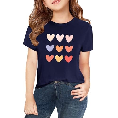 Image of Girls Heart T Shirts Cotton Kids Short Sleeve Athletic Tee Crew Neck School Clothes Personalized Tops Cute Graphic Summer Tshirt Casual Loose Basic Tee (Navy-b, 10-11Years)