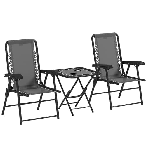 Image of Outsunny 3 Pieces Garden Bistro Set, Folding Table and Chairs Set, Metal Garden Furniture Set with Cup Holders for Outdoor, Patio, Balcony, Dark Grey