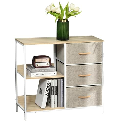 Image of HOMCOM Chest of Drawers Storage Dresser Cabinet Organizer with 3 Fabric Drawers and 2 Display Shelves for Living Room, Bedroom, Hallway, Beige
