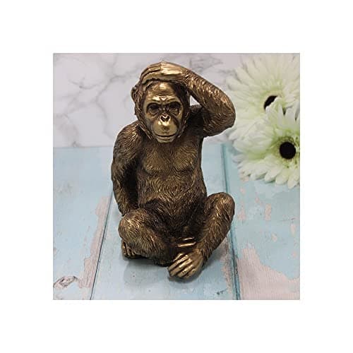 Image of LEONARDO Reflections Bronze Sitting Gorilla with hand on his head, lovely Gorilla or wildlife lover ornament figurine gift, in quality gold gift box.