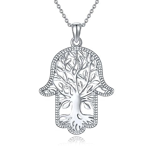 Image of YAFEINI Hamsa Hand Tree of Life Necklace 925 Sterling Silver Hamsa Hand Tree of Life Jewellery Gifts for Women Men