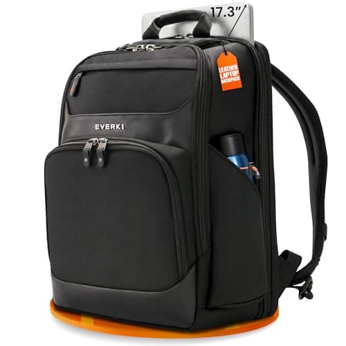 Image of EVERKI Onyx Business Executive Laptop Backpack, Water-Resistant Black Rucksack with Multi-Compartment Design, Ballistic Nylon & Leather, Fits 17.3 Inch Laptops, Travel-Friendly Office Backpack Unisex