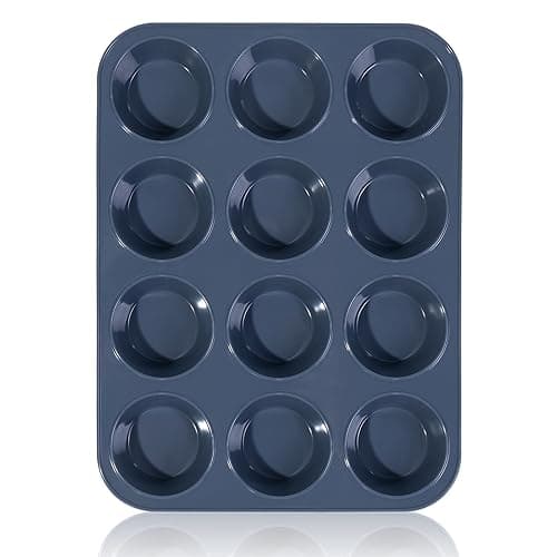 Image of Super Kitchen Large Muffin Tray 12 Cup Silicone Muffin Pan, Non-Stick Muffin Cupcake Tin, Baking Mould for Muffins or Cupcakes, Bakeware 33 x 25 x 3 cm (Grey)