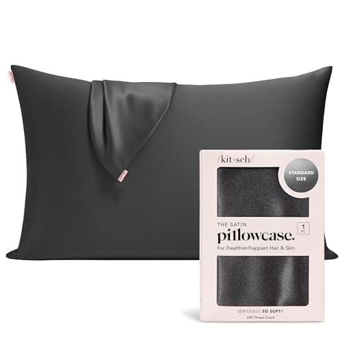 Image of Kitsch Satin Pillowcase with Zipper for Hair & Skin - Softer Than Silk Pillow Cases, Smooth Cooling Satin Pillow Case, Wrinkle-Free, Machine Washable, Pillow Cases Standard Size 48x66 cm - Charcoal