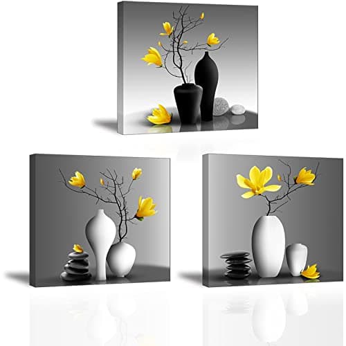 Image of Piy Painting Canvas Prints Artwork Yellow Orchids in a Vintage Vase Canvas Painting Modern Framed Floral Picture On Canvas Wall Art Ready to Hang for Home Decor as 3-Parts 12x12inch