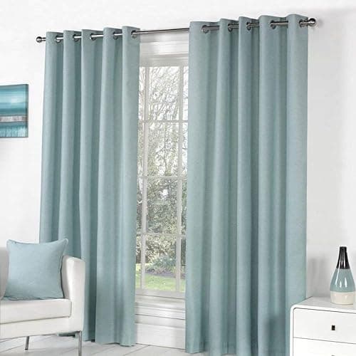 Image of Fusion Sorbonne Duck Egg Blue Eyelet Curtains – W168 x L229cm (66x90") – 2 Panels – 100% Cotton – Thermal Lined Drapes – Plain Modern Curtains for Bedroom & Living Room – Soft Stylish Window Dressing