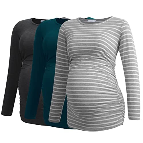 Image of Smallshow Women's Maternity Tops Long Sleeve Pregnancy Clothes T Shirts 3-Packs,Deep Grey-Teal-Light Grey Stripe,M