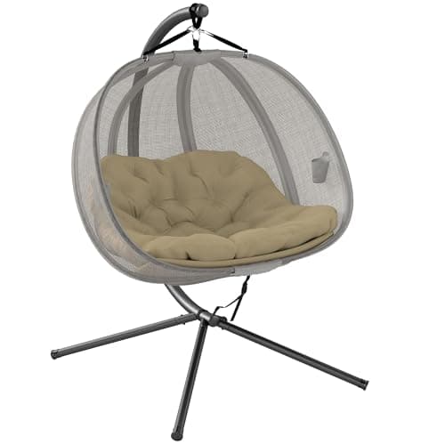 Image of Outsunny Double Hanging Egg Chair 2 Seaters Texteline Swing Hammock Chair with Stand, Cushion and Folding Design, for Indoor and Outdoor, Brown