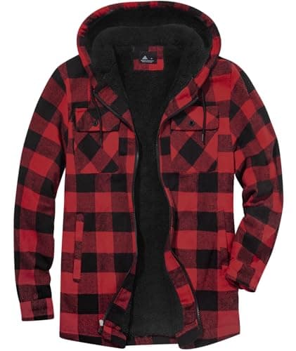 Image of JACKETOWN Men's Flannel Jacket Full Zip Warm Lumberjack Shirt Jacket Long Sleeve Hoodie Fleece Sherpa Lined Coat with Zipper Hood Pockets Winter Jacket(Red-L)