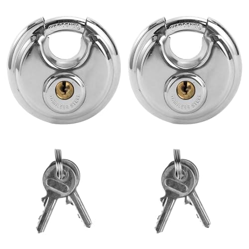 Image of 2 Disc Locks for Storage Units, 70mm Keyed Padlocks – Heavy-Duty Stainless Steel Discus Lock, Waterproof & Rustproof Round Locks with Keys. Suitable for Storage Units, Outdoor Sheds, and Storage Locke