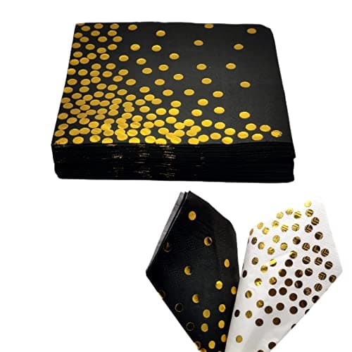 Image of CEILIWEN 50PCS Black and Gold Polka Dot Party Napkins, 33x33CM Cocktail and Dinner Serviettes