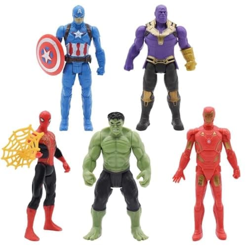 Image of Aonuily Heros Figures, 5Pcs Pvc Figures Collecting Hulk Iron Man Thanos Captain America Spider Model Cake Toppers Figures Heros Series Toy for Kids Age 3+ Birthday Gift