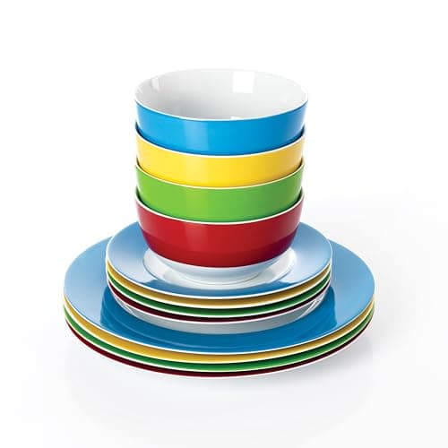Image of Waterside 12pc Colour Band Porcelain Dinner Set, 4 Dinner Plates, 4 Side Plates & 4 Deep Bowls - Dishwasher & Microwave Safe