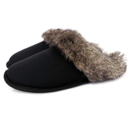 Image of ofoot Womens Winter Warm Moccasins Faux Fur Suede Slippers Indoor Mules Knit Lined Furry House Shoes Non-Slip Rubber Sole (Black, 3/4 UK)