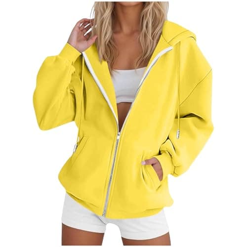 Image of AMhomely Women's Oversized Lightweight Hoodie, Full Zip Baggy Sweatshirt - Solid Color Autumn Spring Streetwear,J10- Yellow,M