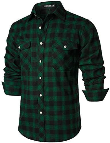 Image of PARKLEES Men's Casual Regular Fit Button Up Flannel Checked Plaid Shirts with Pockets PZLCL41 Dark Green XXL