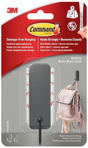 Image of Command Decorative Hook, Matte Black, Indoor use - 1 Metal Medium Hooks and 2 Adhesive Strips - Hang Jackets, Purses, Handbags, Backpacks, Hats, Scarves, Dog Leads - Organise Damage Free