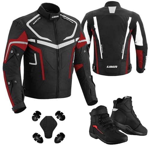 Image of Men’s Motorcycle Jacket 4 Season Cordura Textile Biker Jacket Waterproof Windproof with CE Armor, Air Vents Removable Thermal Liner With Motorbike Shoes (UK, Alpha, S, Regular, Regular, RED)