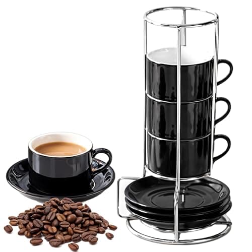 Image of Caossuixin 4x160ml Espresso Cups with Saucers and Metal Stand, Porcelain Cappuccino Cups, Stackable Expresso Coffee Cup, Stacking Mugs for Coffee Drinks, Latte, Americano, Tea and Cappuccino