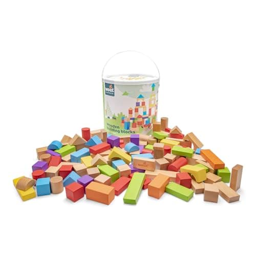 Image of Woet® Wooden Toy Building Blocks for Toddlers - 100 Pieces in Storage Drum - Multi Color - Creative Building Toy - Educational Toy - Age 1 Years+