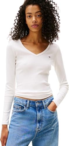 Image of Tommy Jeans Womens Tjw Slim Essential Rib V Dw0dw17990 L/S T-Shirt, White (Ecru), L UK