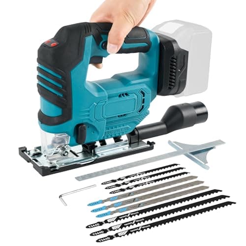 Image of Cordless Jigsaw for Makita 18V, 500W Brushless Electric Orbital Jigsaw with Led Light, ±45° Bevel Cutting Angle, 9Pcs T-Shank Blades, 19 mm Stroke for Wood Plastic Metal (No Battery)