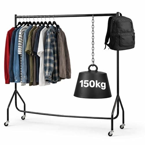 Image of Extra Heavy Duty Clothes Rail 150kg Capacity 4ft L x 5ft H Metal Garment Rack, Lockable Wheels Portable, No Tool Assembly, Powder Coated Black, Strong & Durable for Home or Shop