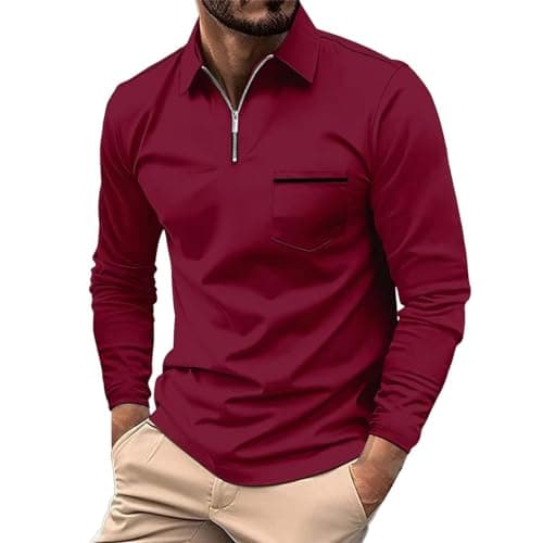 Image of Mens Polo Shirt Long Sleeve Breathable Work Polo Shirts Casual Golf T Shirt with Pocket (Red, XL)